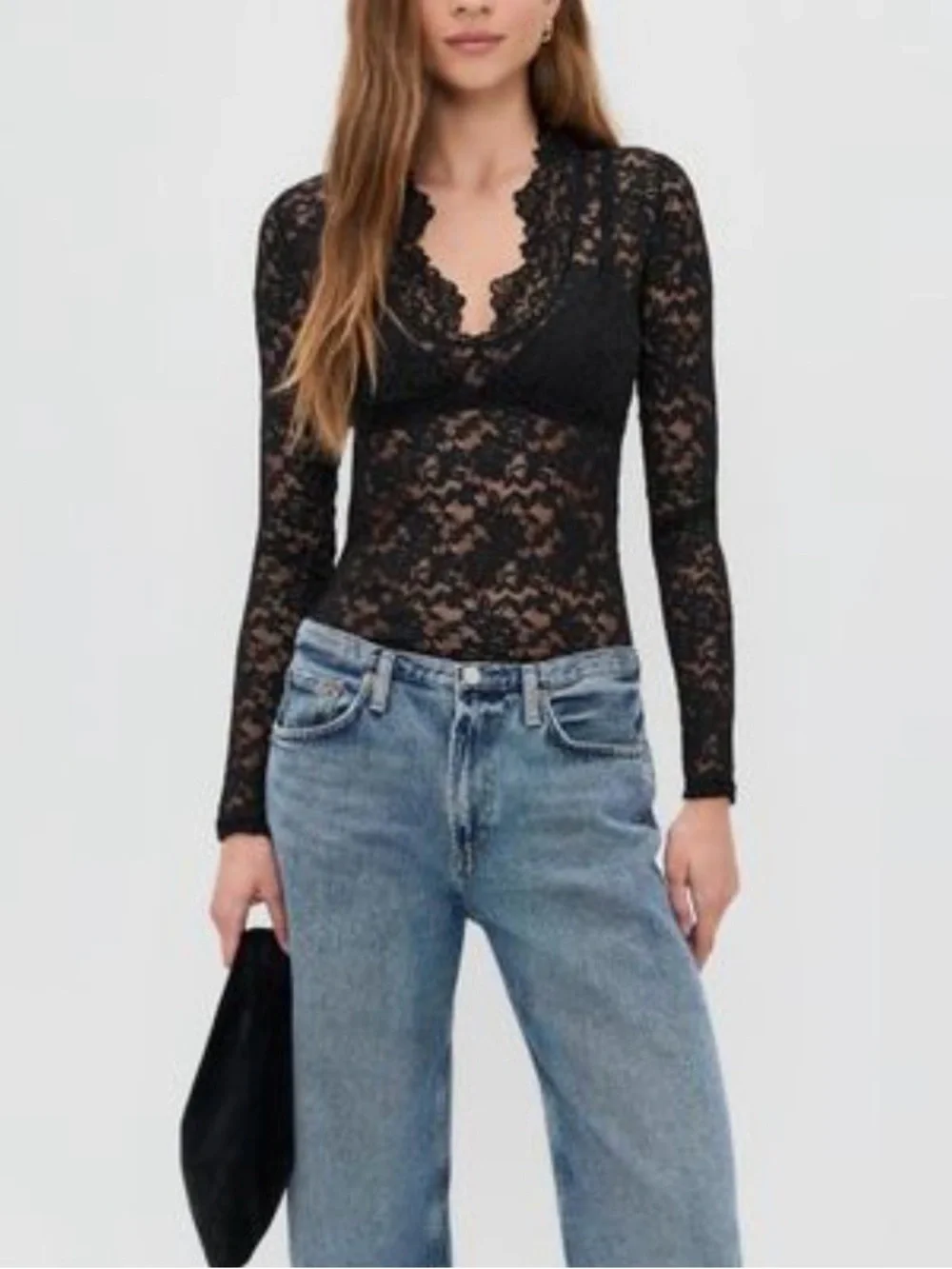 Free People All Day Lace Top Black Sheer Floral Lace Long Sleeve  Size Medium